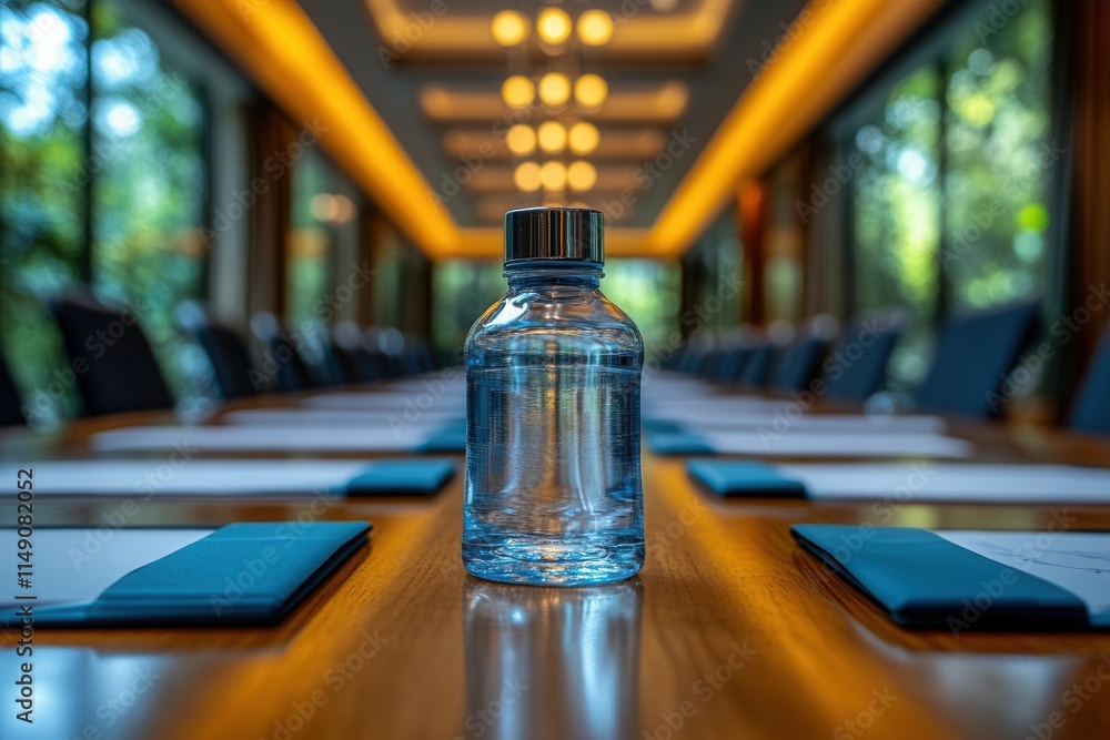 A clear water bottle sits on a conference table in a modern meeting room. A clear water bottle sits on a conference table in a modern meeting room.