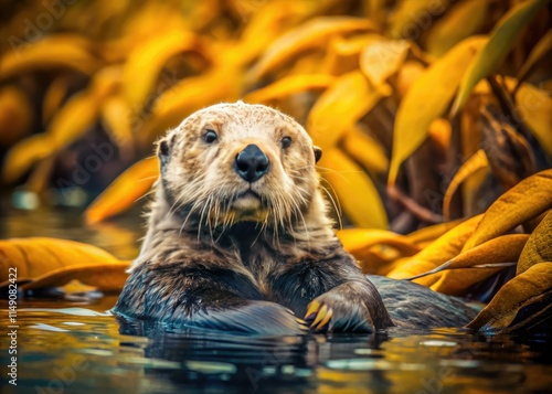 Classic California sea otter photo; Monterey Bay's kelp forest, Big Sur wildlife.