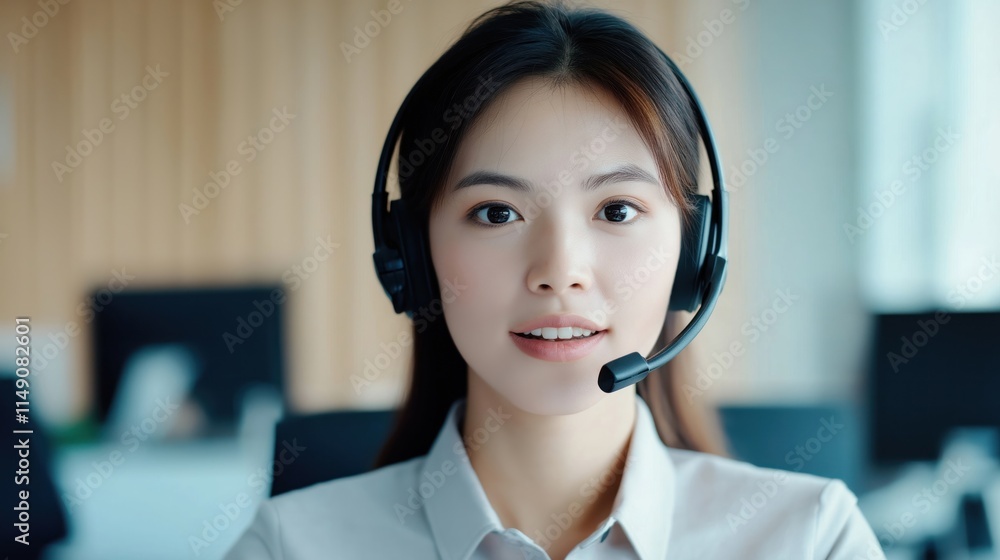 Young Asian woman works in modern office call center. Wears headset, smiles. Likely handles customer support calls, uses laptop. Modern office setting suggests tech company business focused on Young Asian woman works in modern office call center. Wears headset, smiles. Likely handles customer support calls, uses laptop. Modern office setting suggests tech company business focused on
