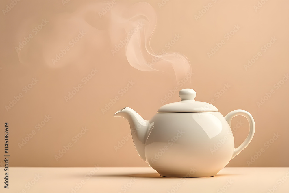 Open white ceramic teapot with steam on a beige background, copy space. Open white ceramic teapot with steam on a beige background, copy space.