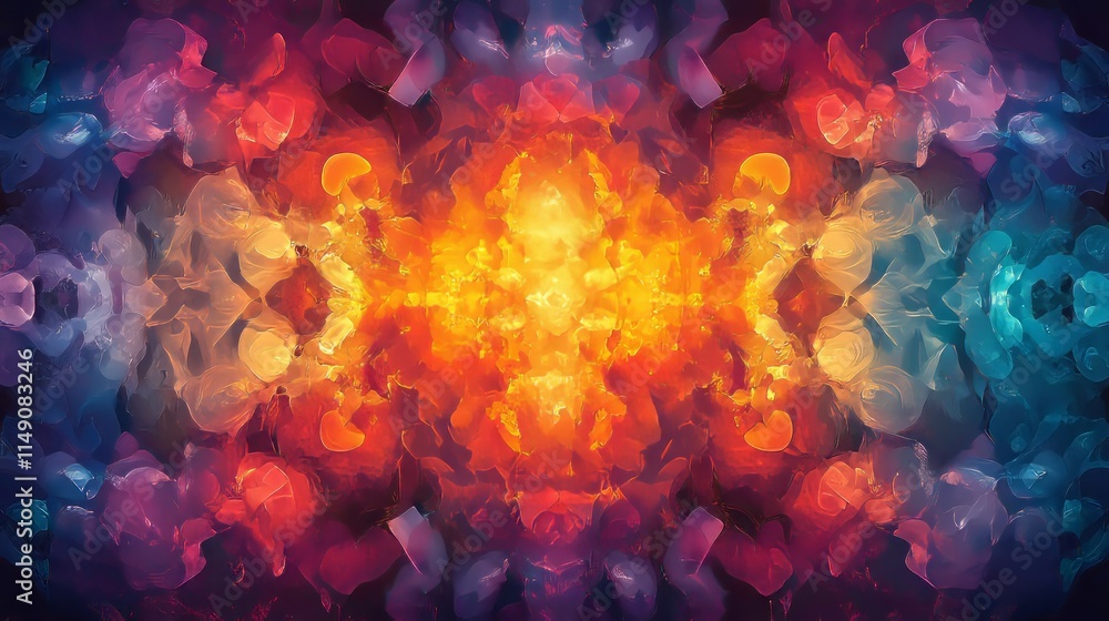 Fototapeta premium A vibrant, kaleidoscope effect with repeating shapes and bright, contrasting colors.