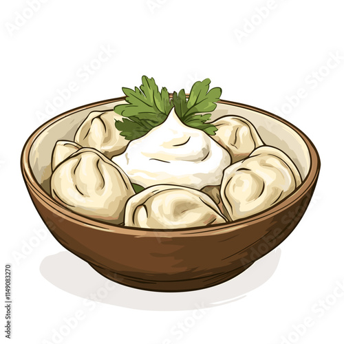 Plate of Pelmeni with Basil Garnish Illustration