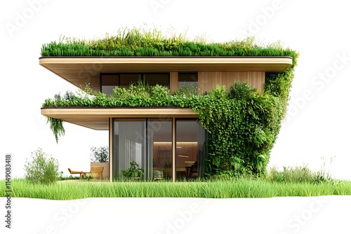 eco-home with vertical gardens and green roof isolated on white background photo