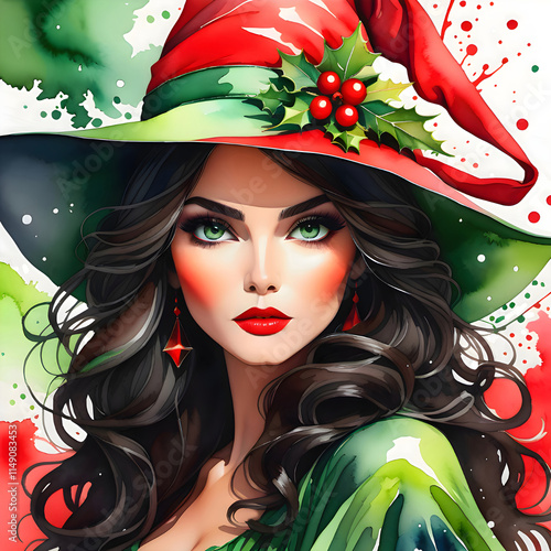 Christmas Witch Watercolor Painting