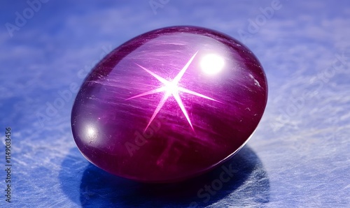 Polished star ruby gem shows asterism on blue backdrop.