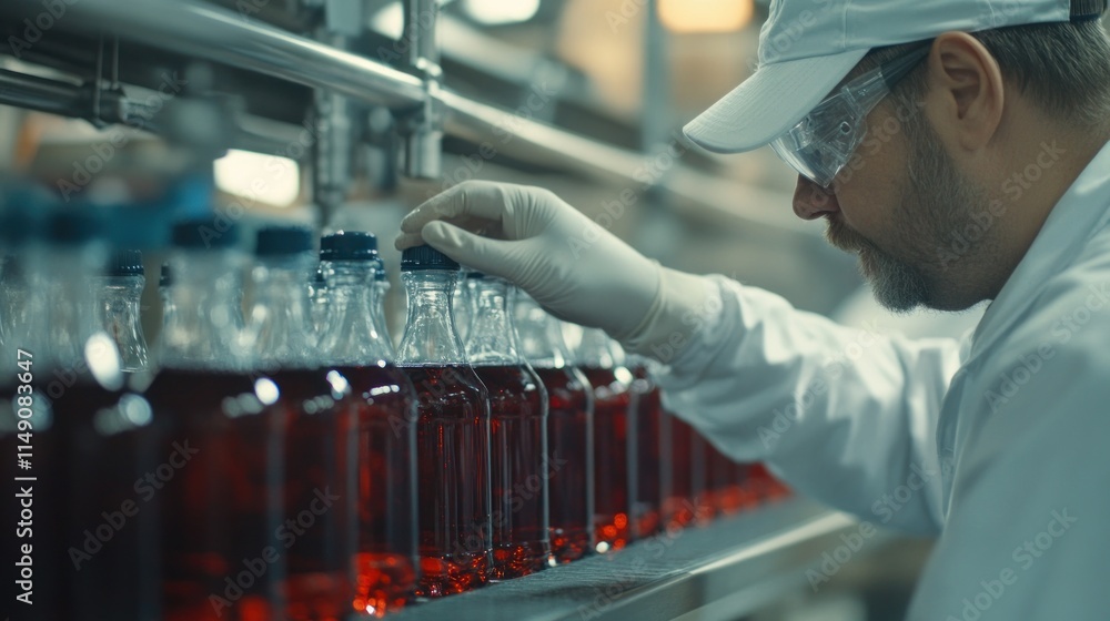 Factory worker inspecting bottled red liquid on production line.