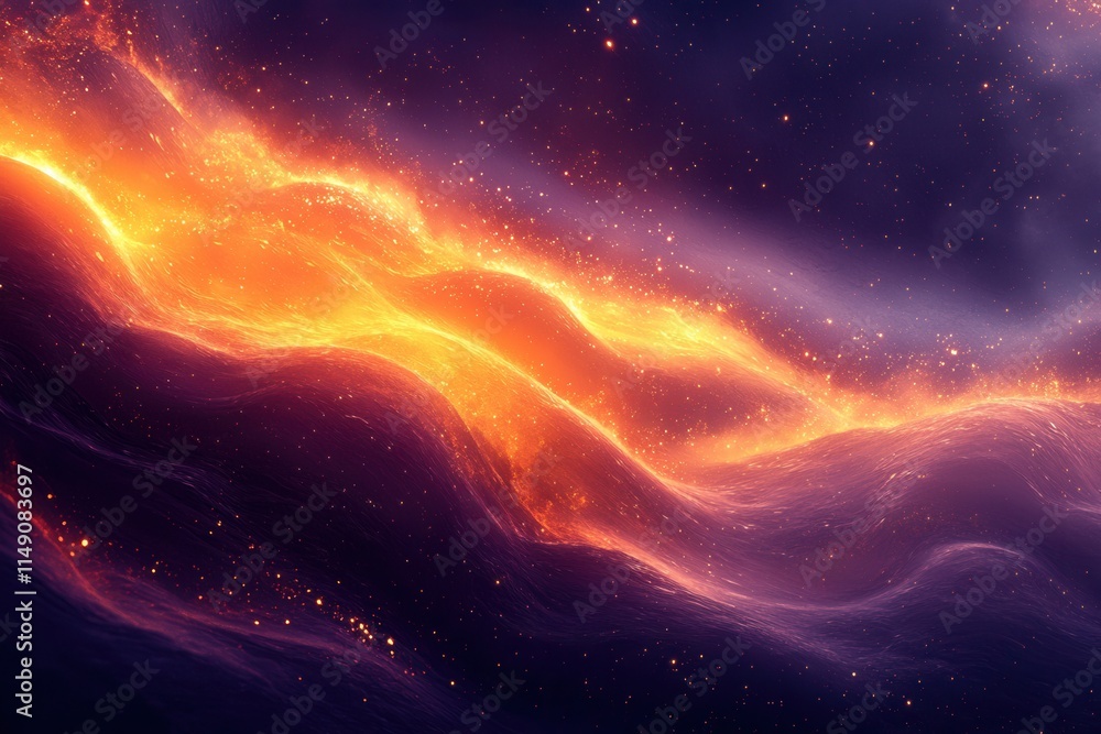 A vibrant cosmic landscape with flowing waves of orange and purple hues. A vibrant cosmic landscape with flowing waves of orange and purple hues.