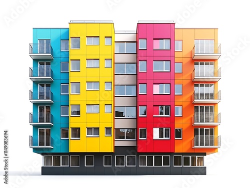 apartment block with bright, colorful exterior walls isolated on white background photo