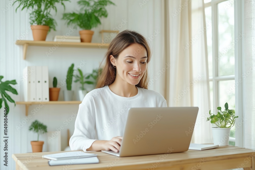 Happy woman works remotely on laptop in bright home office. Plants, notebooks on wooden desk. Smiles typing on computer. Natural light streams in from window. Relaxed atmosphere. Modern, creative Happy woman works remotely on laptop in bright home office. Plants, notebooks on wooden desk. Smiles typing on computer. Natural light streams in from window. Relaxed atmosphere. Modern, creative