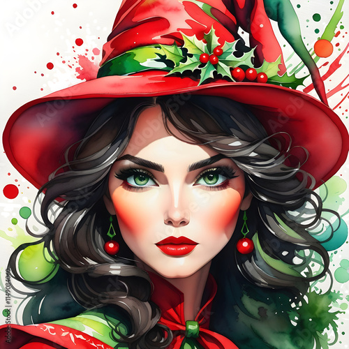 Christmas Witch Watercolor Painting