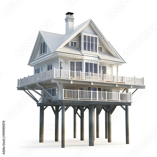 coastal home with stilts and panoramic sea view isolated on white background photo