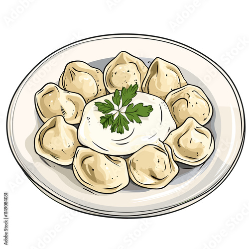 Plate of Pelmeni with Basil Garnish Illustration