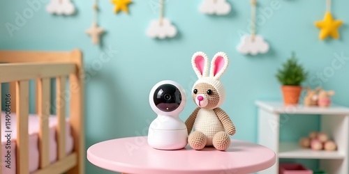 A sleek, contemporary baby monitor equipped with a high-definition camera, positioned on a wooden shelf in a well-decorated childrens room, ensuring safety and peace of mind for parents photo