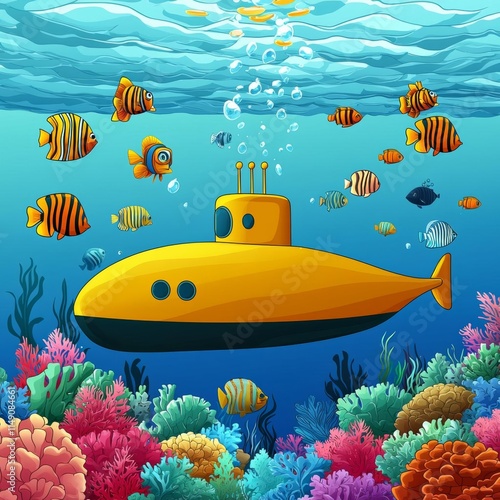 Submarine Background / Cartoon yellow submarine underwater.  , isolated on white background,  , copy space, copy space for text,
