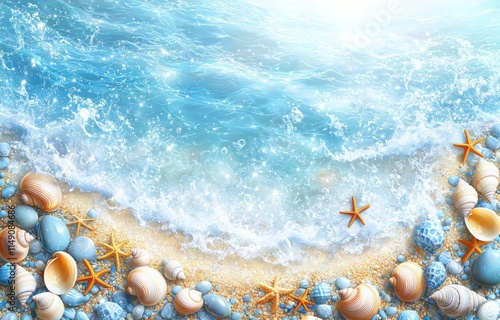 Summer sale banner, realistic seashells, stones and starfish, vector seaside top view photo