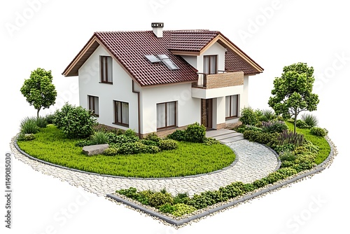 family home with landscaped garden and paved walkway isolated on white background photo