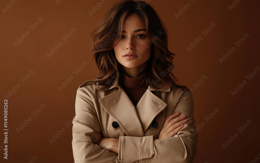 A woman with medium-length brown hair wearing a tailored beige trench coat, standing with arms crossed against a rich brown background. A woman with medium-length brown hair wearing a tailored beige trench coat, standing with arms crossed against a rich brown background.