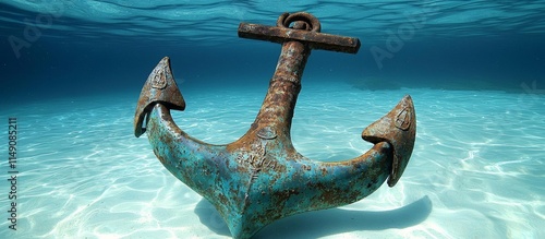 The rusty ship anchor is under the sea , isolated on white background,  , copy space, copy space for text, photo