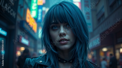 Wallpaper Mural Young woman with vibrant blue hair, in a city at night. She's looking directly at the viewer Torontodigital.ca