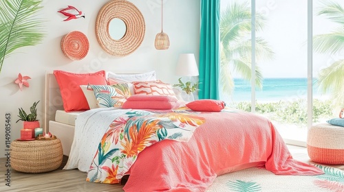 Tropical Beach-Inspired Bedroom Decor with Colorful Accents