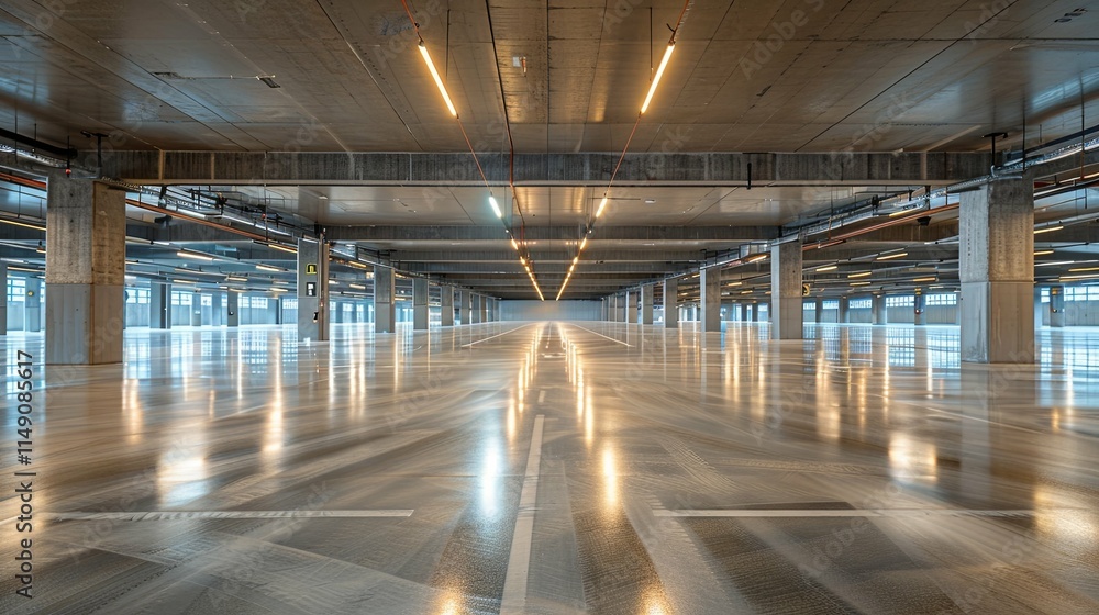 Empty, Modern Concrete Parking Garage with Linear Lighting Empty, Modern Concrete Parking Garage with Linear Lighting