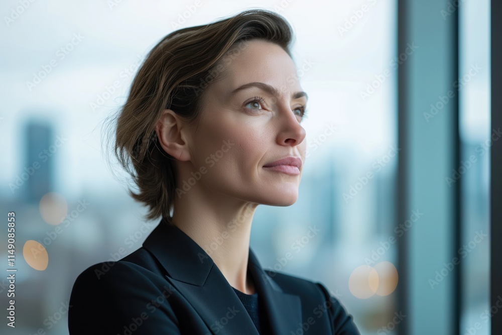 Woman in business attire contemplates next move looking out office window. Pro woman thinks about business goals in modern office setting. Possible corporate scenario. Focus on career, business Woman in business attire contemplates next move looking out office window. Pro woman thinks about business goals in modern office setting. Possible corporate scenario. Focus on career, business