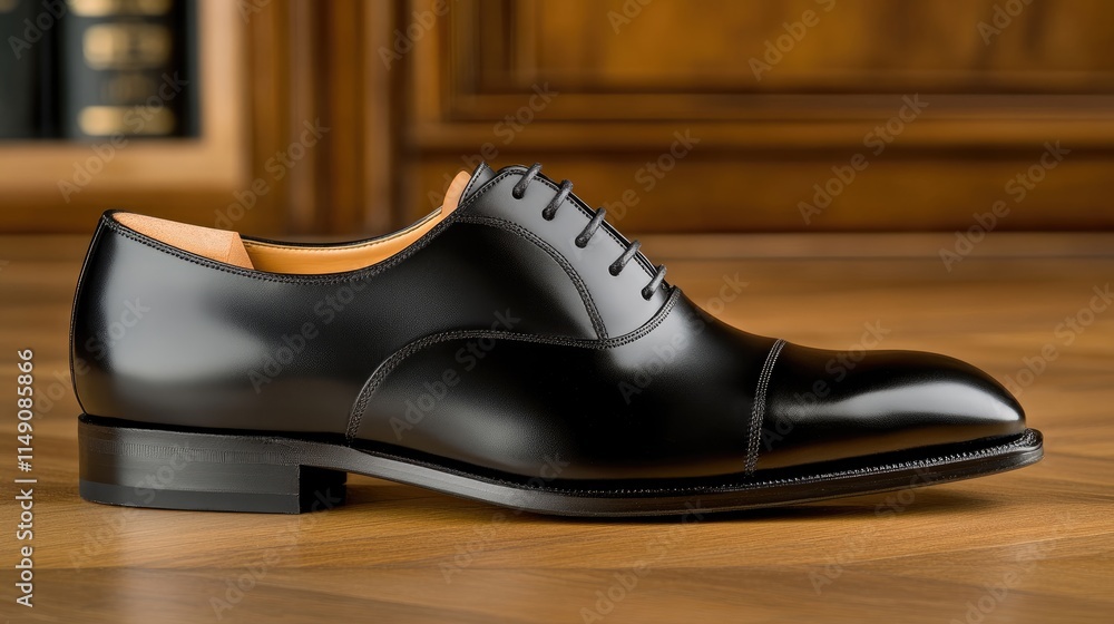 Elegant Black Leather Shoe on Wooden Surface for Fashion Display Elegant Black Leather Shoe on Wooden Surface for Fashion Display