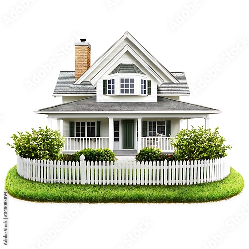 traditional family home with picket fence and lush lawn isolated on white background photo