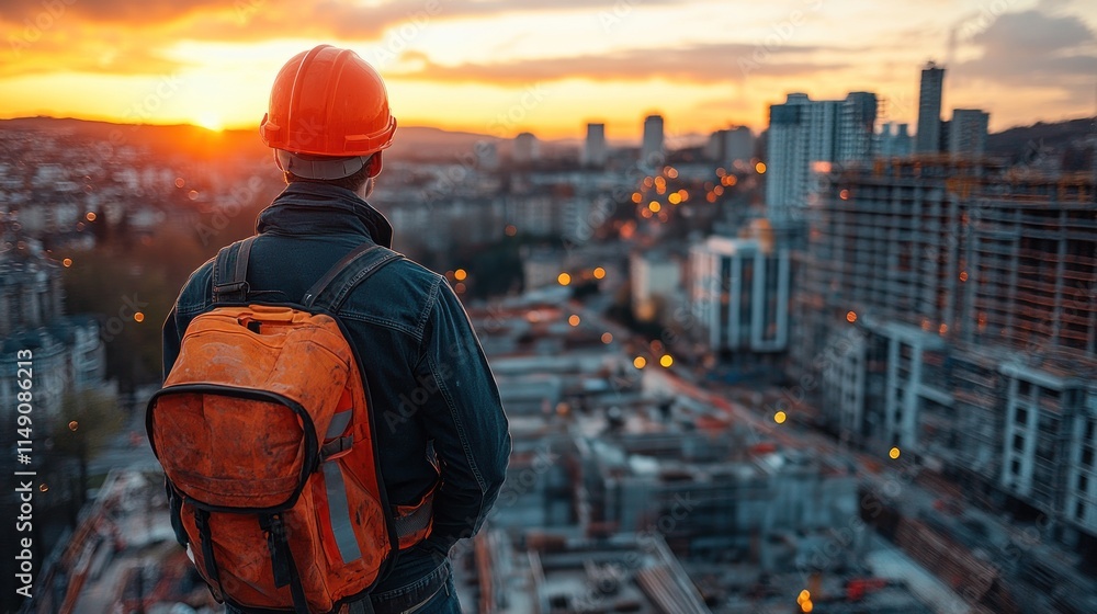 A worker in a hard hat observes a sunset over a construction site in an urban landscape. A worker in a hard hat observes a sunset over a construction site in an urban landscape.