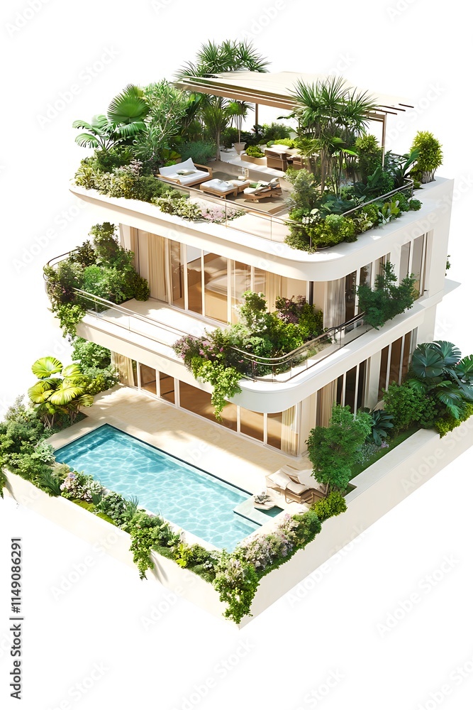 Fototapeta premium luxury penthouse with rooftop garden and pool isolated on white background