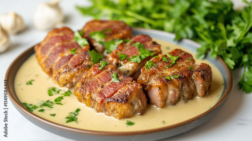 Homemade Creamy Dijon Turkey Bacon Chops on a Plate, Comfort Food Homemade Creamy Dijon Turkey Bacon Chops on a Plate, Comfort Food