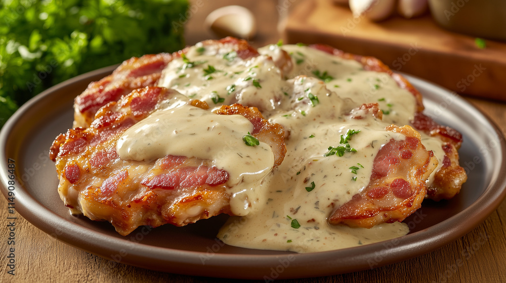 Homemade Creamy Dijon Turkey Bacon Chops on a Plate, Comfort Food Homemade Creamy Dijon Turkey Bacon Chops on a Plate, Comfort Food