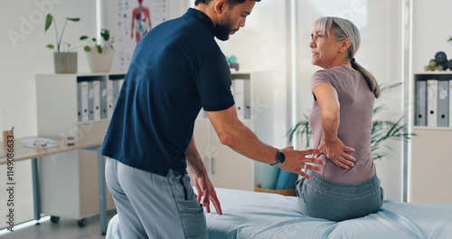 Photos Back pain, physiotherapy and advice with old woman in clinic for healthcare, osteoarthritis or symptoms