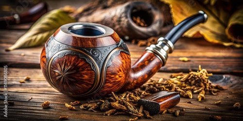 Hand-Carved Calabash Pipe with Tobacco, Close-Up Product Shot on Rustic Wooden Background photo