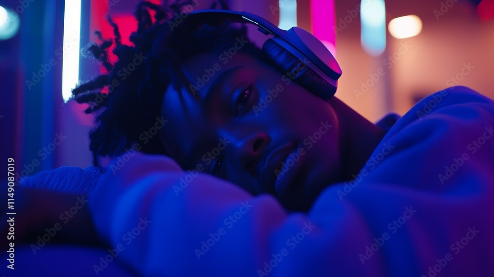 Obraz premium Person relaxing with headphones on, enjoying a moment of solitude and personal entertainment, embracing the power of music to rejuvenate and escape from daily stress.