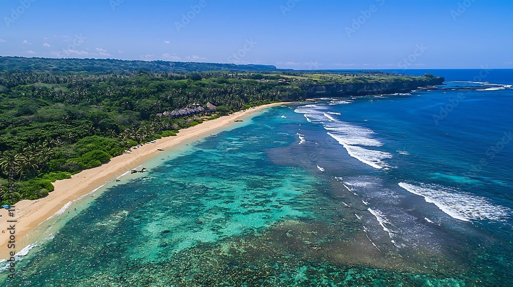 Fototapeta premium Aerial view of tropical beach, turquoise water, coral reef, and lush green coastline.