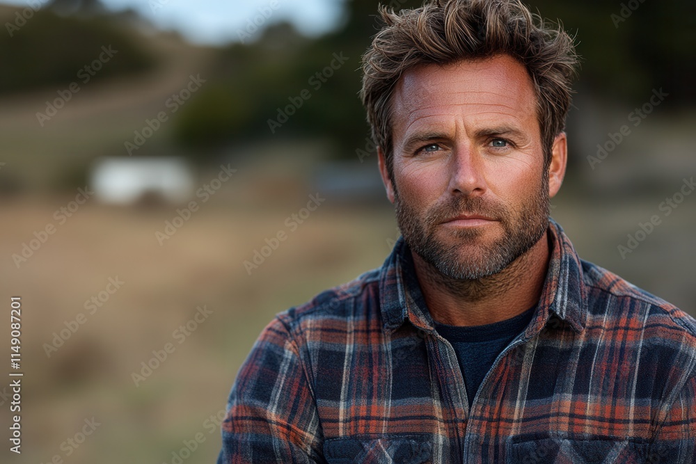 A rugged man with a beard poses outdoors in a plaid shirt, exuding confidence and strength. A rugged man with a beard poses outdoors in a plaid shirt, exuding confidence and strength.