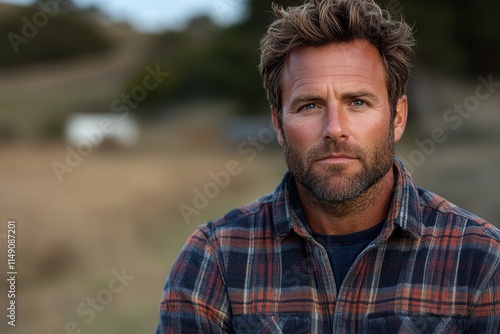 A rugged man with a beard poses outdoors in a plaid shirt, exuding confidence and strength.