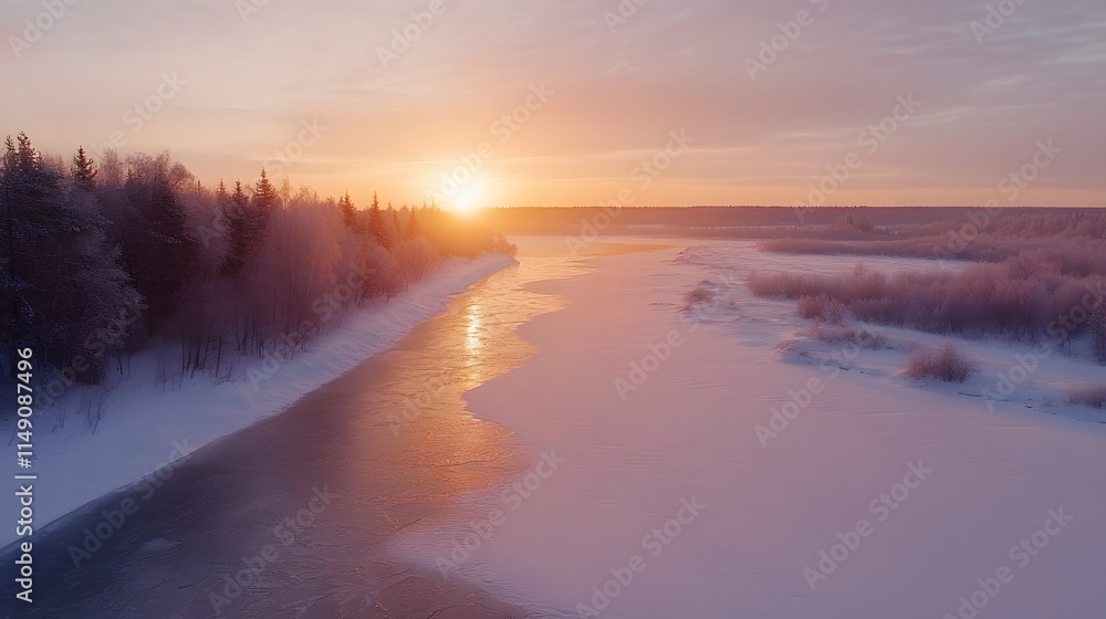 winter landscape panorama; sunset on the bank of a frozen river; winter landscape panorama; sunset on the bank of a frozen river;