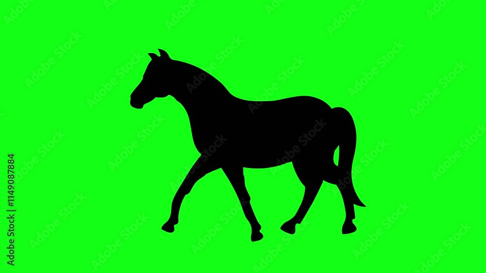 Black silhouette horse walking on the green screen background. seamles loop video animation. Concept of animal, wildlife, short video, film, cartoon, design element, cartoon looping Black silhouette horse walking on the green screen background. seamles loop video animation. Concept of animal, wildlife, short video, film, cartoon, design element, cartoon looping