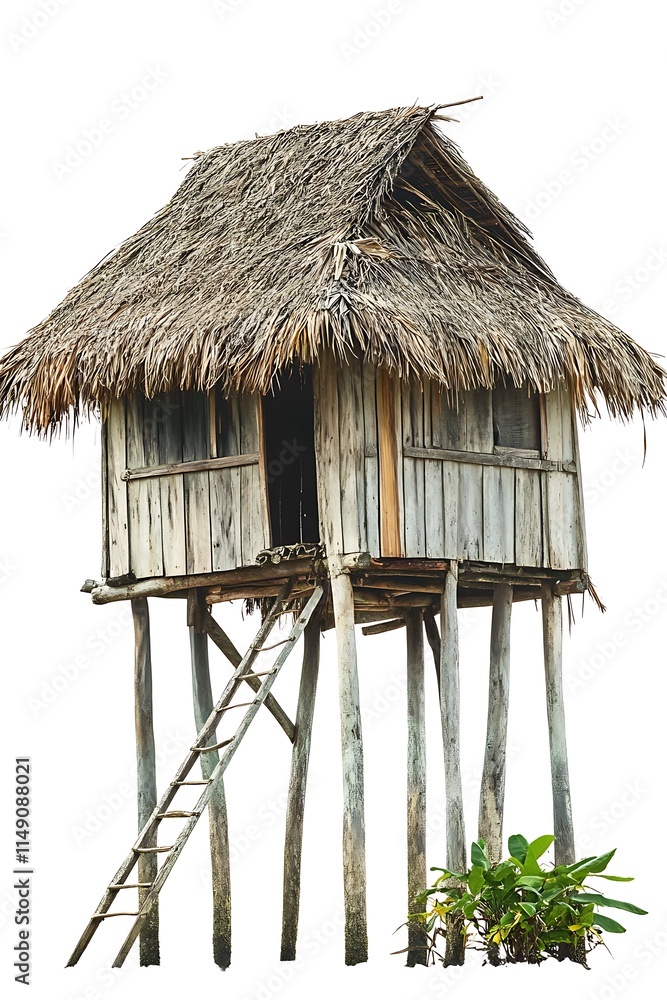 beach hut with thatched roof and wooden stilts isolated on white background beach hut with thatched roof and wooden stilts isolated on white background