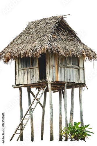 beach hut with thatched roof and wooden stilts isolated on white background photo