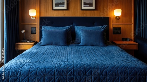 Wallpaper Mural Cozy Modern Bedroom with Blue Quilted Bedding and Warm Lighting Torontodigital.ca