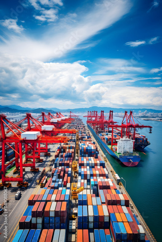 The Vibrant Hub of Global Trade: A Busy Cargo Port Packed with Stacked Shipping Containers Ready for Dispatch