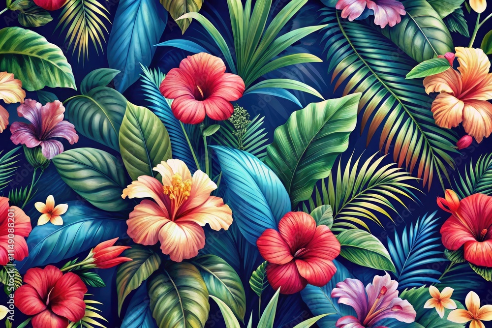 Dark blue backdrop showcases a surreal, AI-generated hibiscus and palm pattern, seamlessly repeating.
