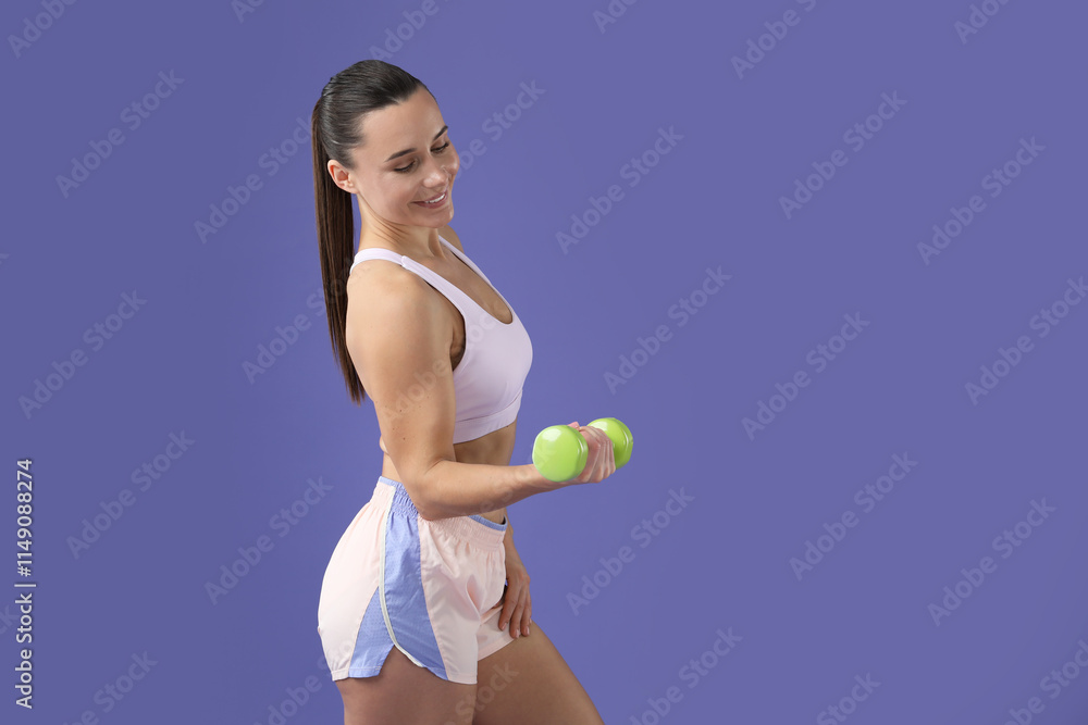 Woman exercising with dumbbell on purple background, space for text Woman exercising with dumbbell on purple background, space for text