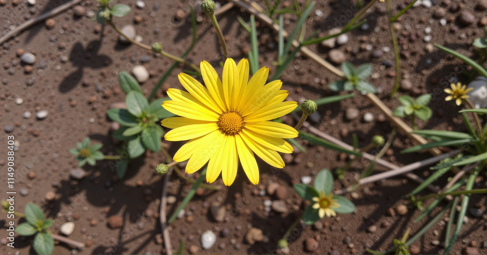 Yellow daisy flower growing in a natural soil environment under sunlight Yellow daisy flower growing in a natural soil environment under sunlight