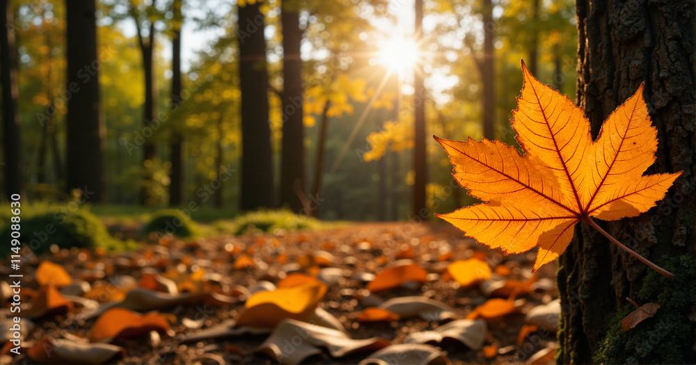 Close-up of a single orange autumn leaf on a tree with golden sunlight filtering through the fores Close-up of a single orange autumn leaf on a tree with golden sunlight filtering through the fores