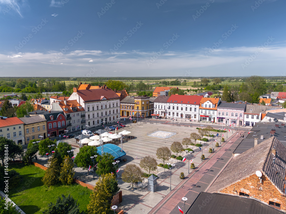 Summer skyline cityscape of Czarnków, Wielkopolska, Poland. Aerial panoramic view of Plac Wolności