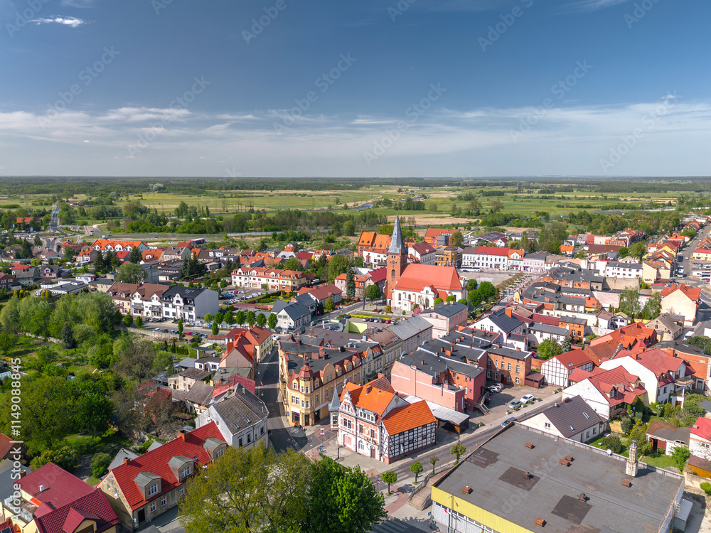 Summer skyline cityscape of Czarnków, Wielkopolska, Poland. Aerial panoramic view of Old Town and Plac Wolności